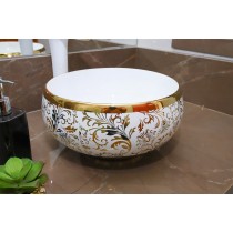 Cuba de Apoio em Cerâmica para Lavabos e Banheiros - Branca e Dourada - Premium - LMS-MK-1080GF